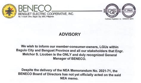 beneco advisory today|NOTICE OF .